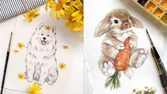 Watercolor paintings of a fluffy dog with flowers and a cute bunny holding a carrot, surrounded by paintbrushes.