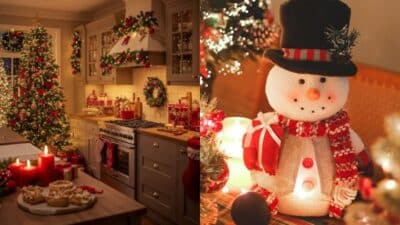 Cozy Christmas kitchen with tree and snowman decoration, featuring festive lights and holiday treats.