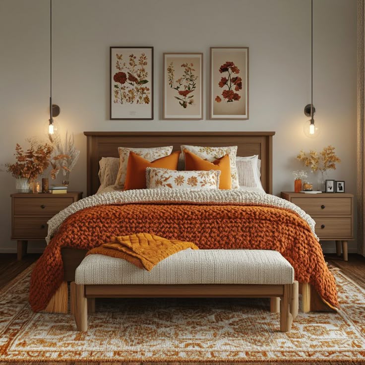 Cozy bedroom with orange accents, wooden furniture, and botanical wall art for a warm and inviting atmosphere.