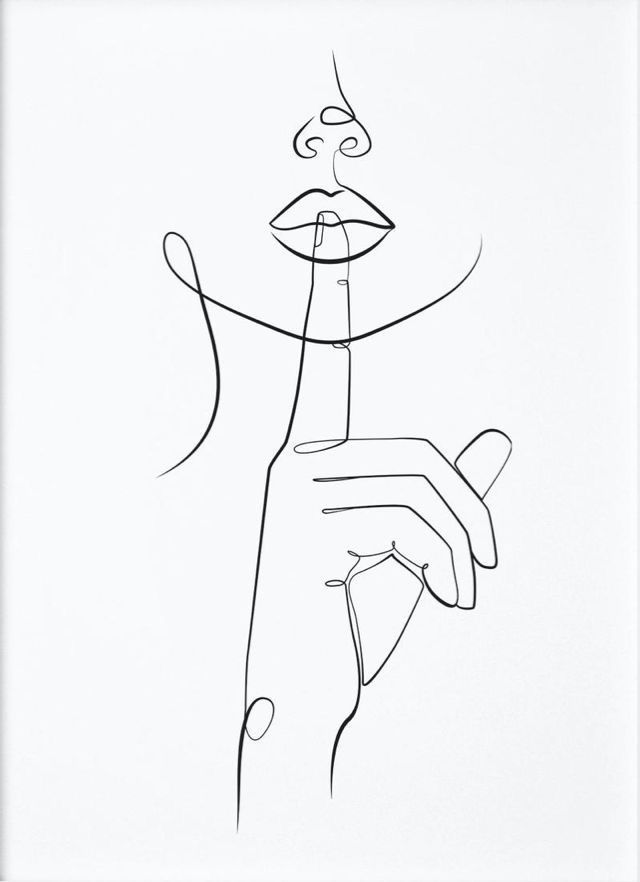 Minimalist line art of a hand making a shushing gesture, finger to lips.