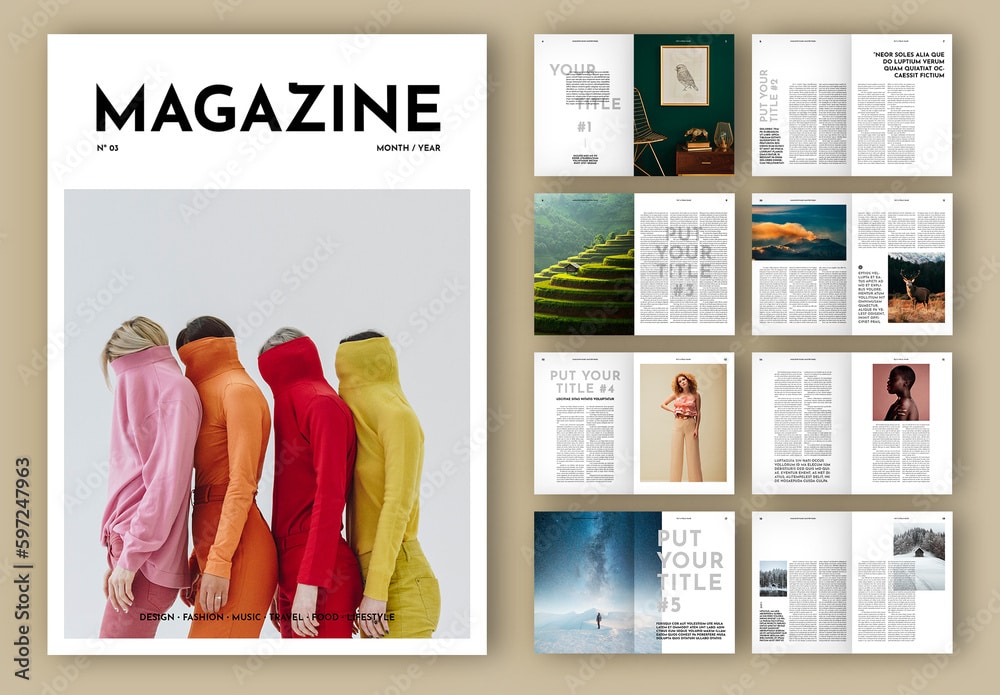 Creative magazine cover with people in colorful outfits, design, fashion, music, travel, food, lifestyle articles.