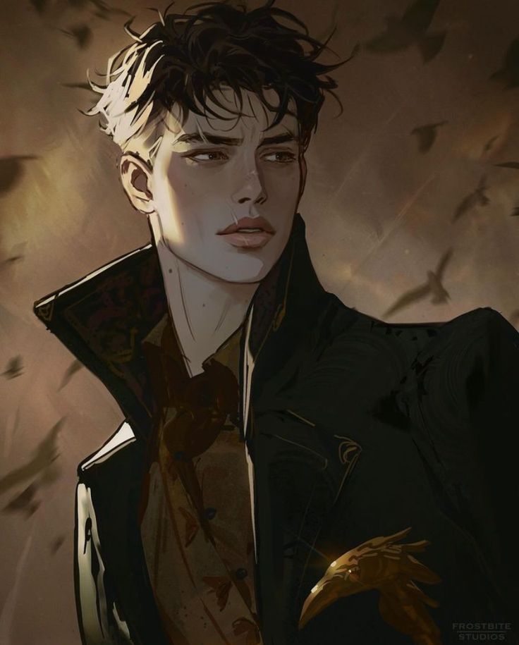 Portrait of a mysterious young man with tousled hair, wearing a dark coat, with birds in the background.