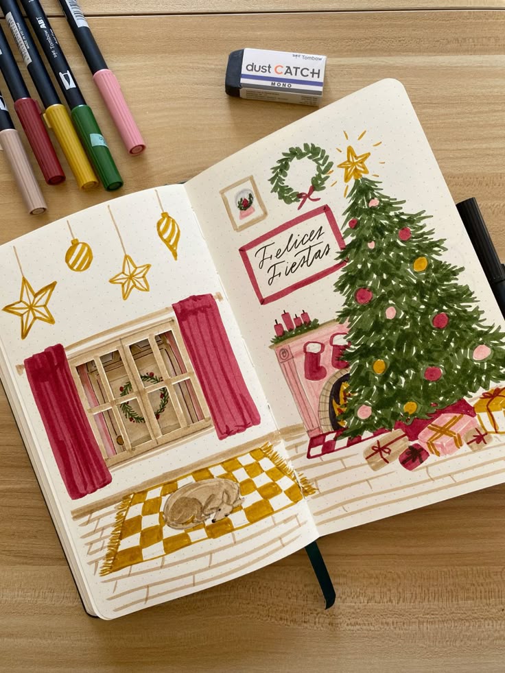 Festive journal pages with Christmas tree, decorations, and art supplies on a wooden table.