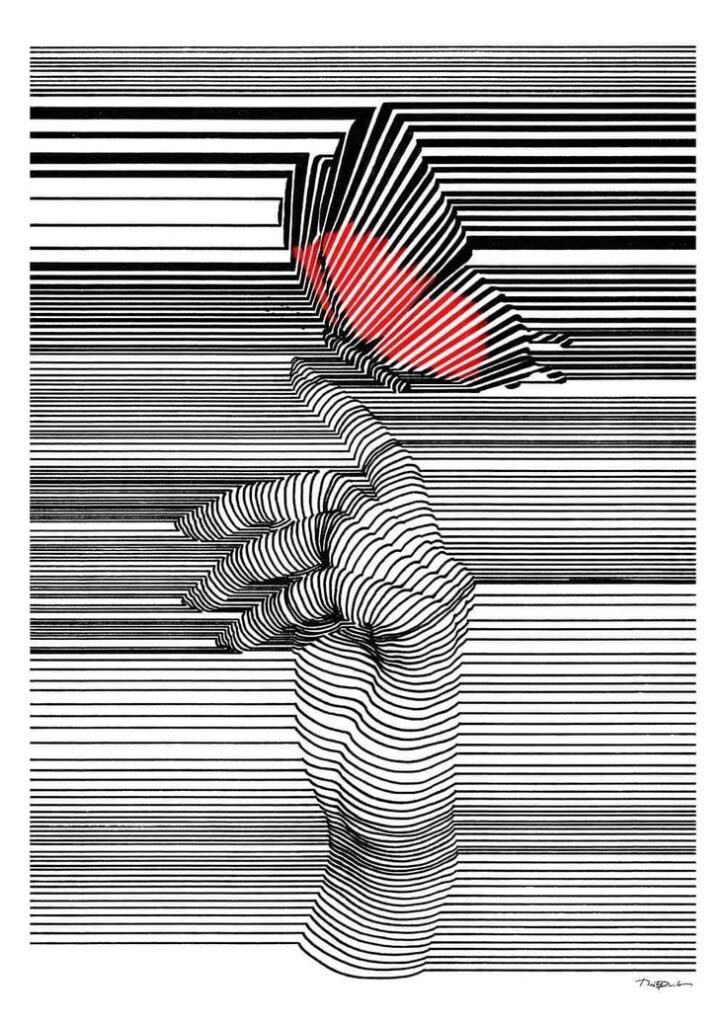 Optical illusion of a hand with a butterfly on finger, created using black lines and red accents.