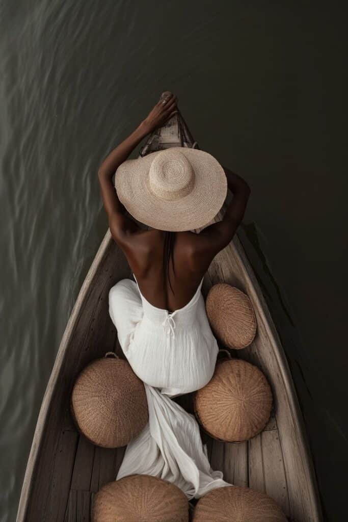 Woman in white dress and straw hat sitting in a canoe with woven baskets on a calm river.