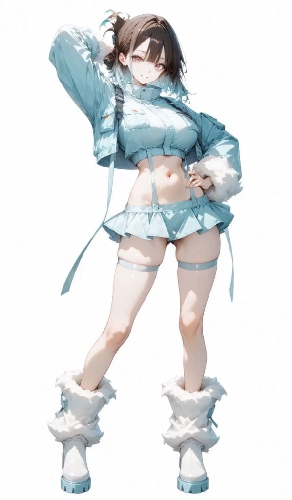 Anime character in a stylish blue outfit with boots, striking a confident pose against a white background.