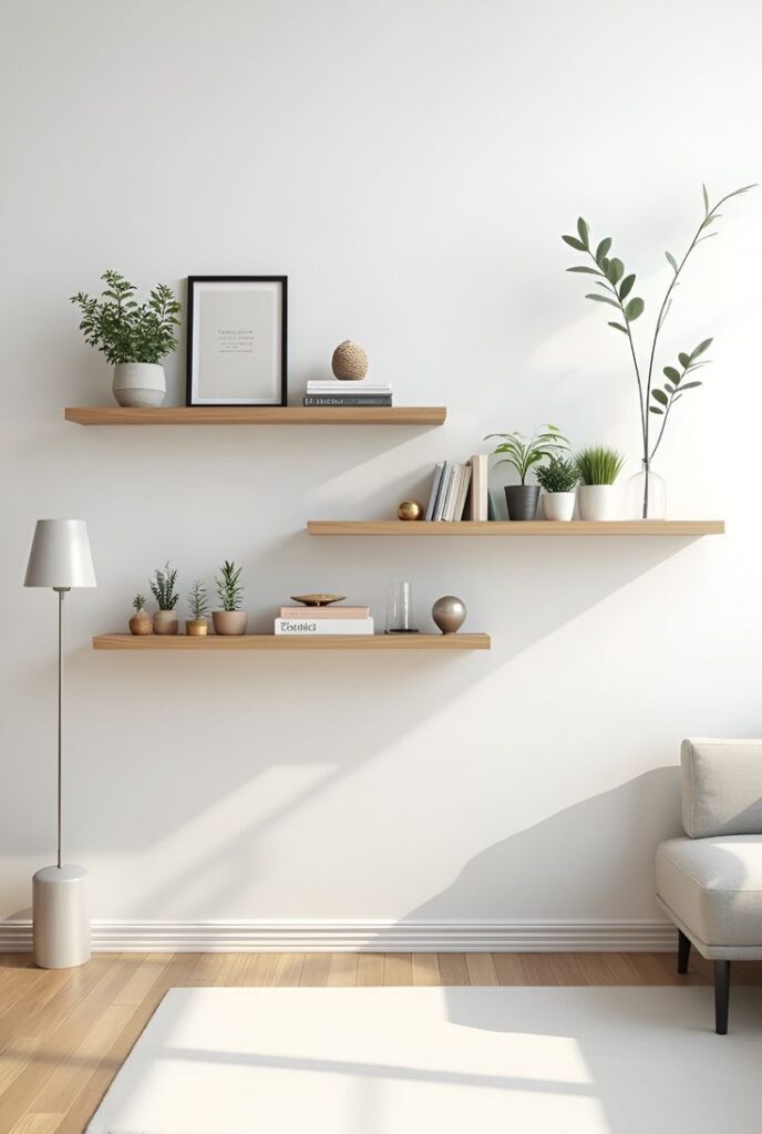 Minimalist living room with wooden shelves, green plants, and decor on a white wall. Cozy, modern interior design.