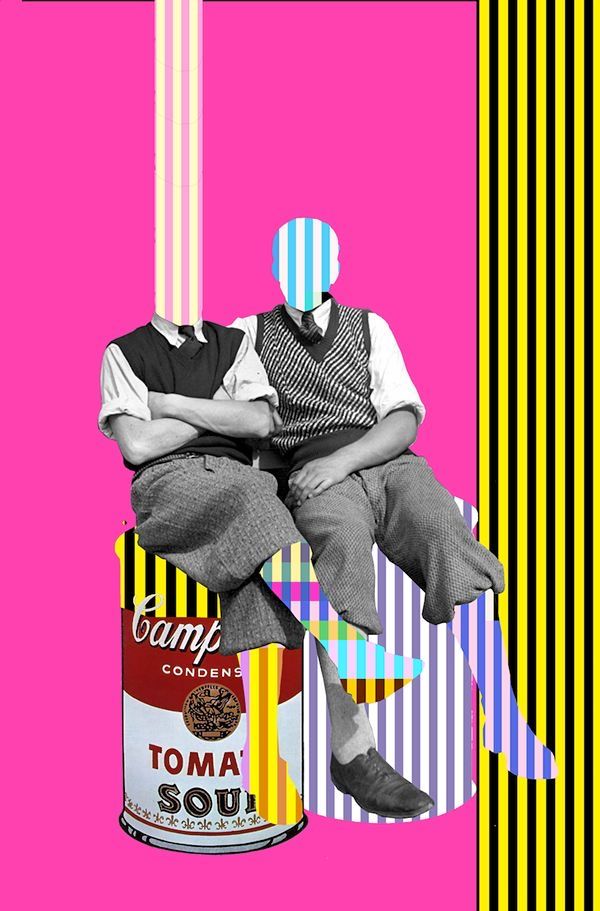 Two abstract figures sitting on a Campbell's soup can, with a vibrant striped and pink background.