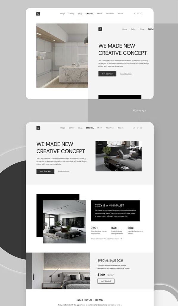 Modern interior design website template with minimalist concept and promotional text for special sale 2021.