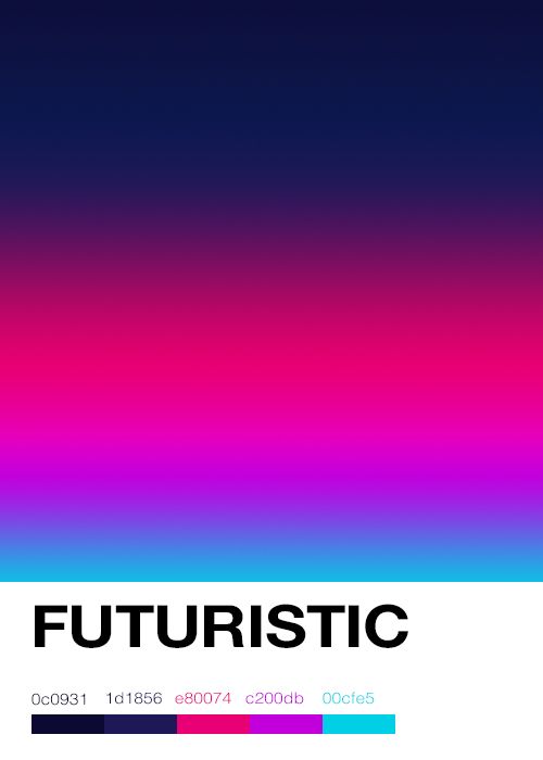 Futuristic color gradient design with hex codes; vibrant pink to blue transition and text FUTURISTIC at the bottom.