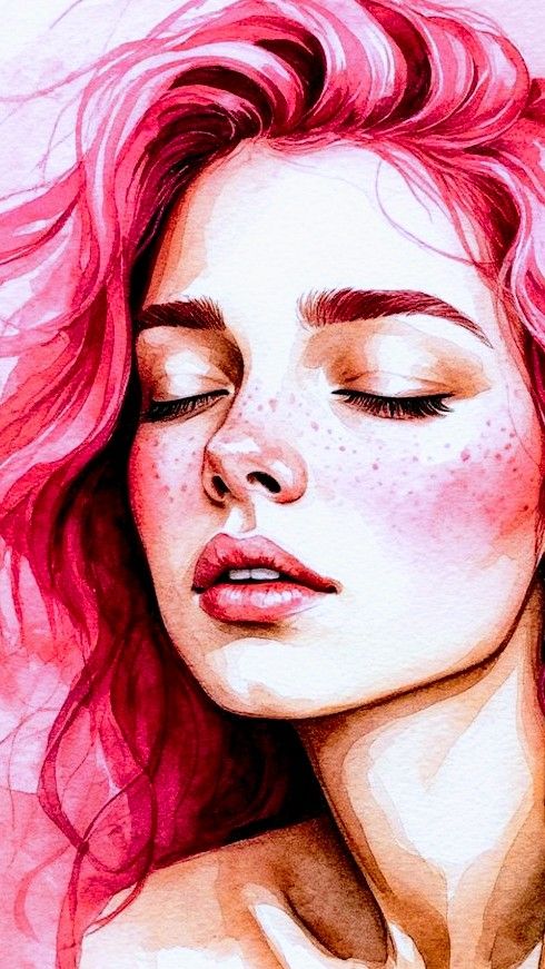 Watercolor portrait of a woman with pink hair and closed eyes, showcasing vibrant colors and artistic style.