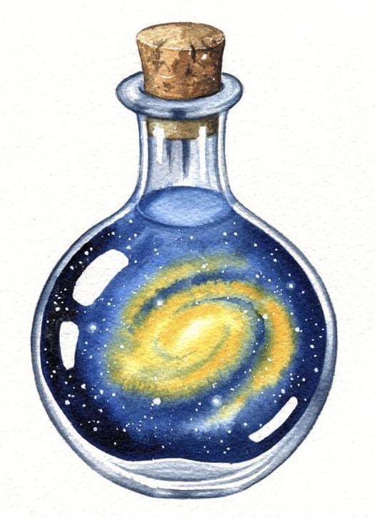 A galaxy swirling inside a glass potion bottle, sealed with a cork, showcasing a cosmic fantasy theme.
