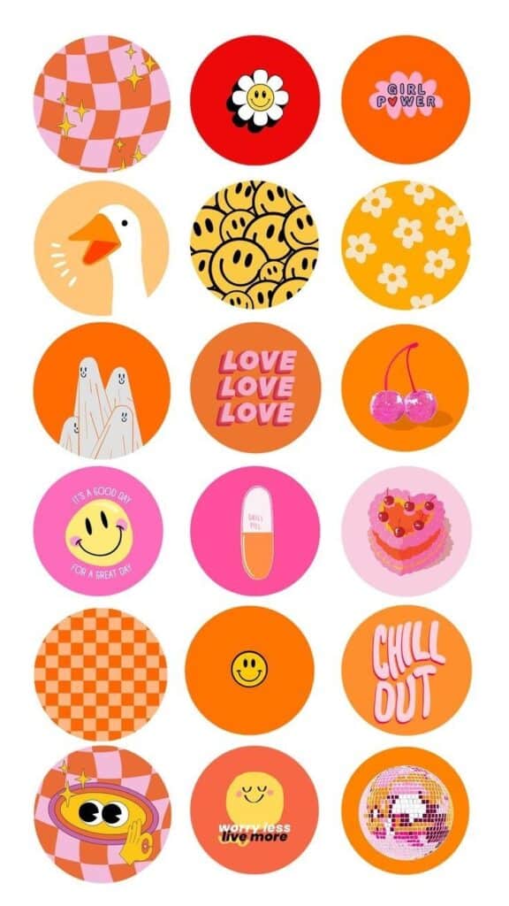 Colorful circle icons with positive messages and playful designs, including smiley faces, flowers, and motivational quotes.