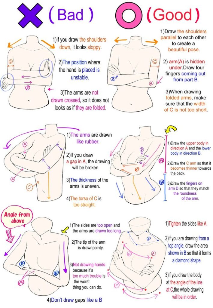 Guide on drawing folded arms: contrasts bad vs. good techniques, with tips for realistic shoulder and arm positioning.