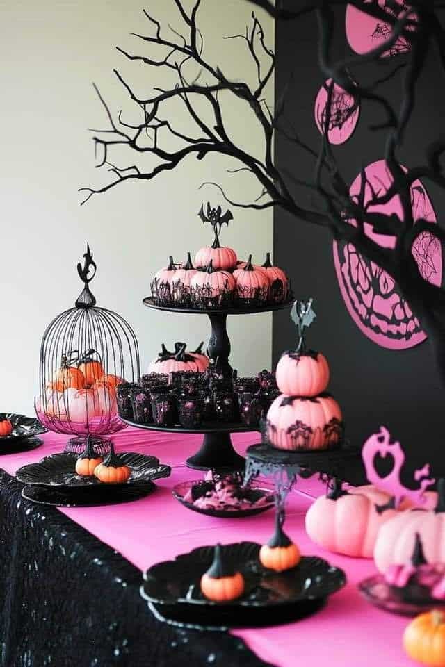 Pink and black Halloween dessert table with pumpkins, treats, and spooky tree decor.