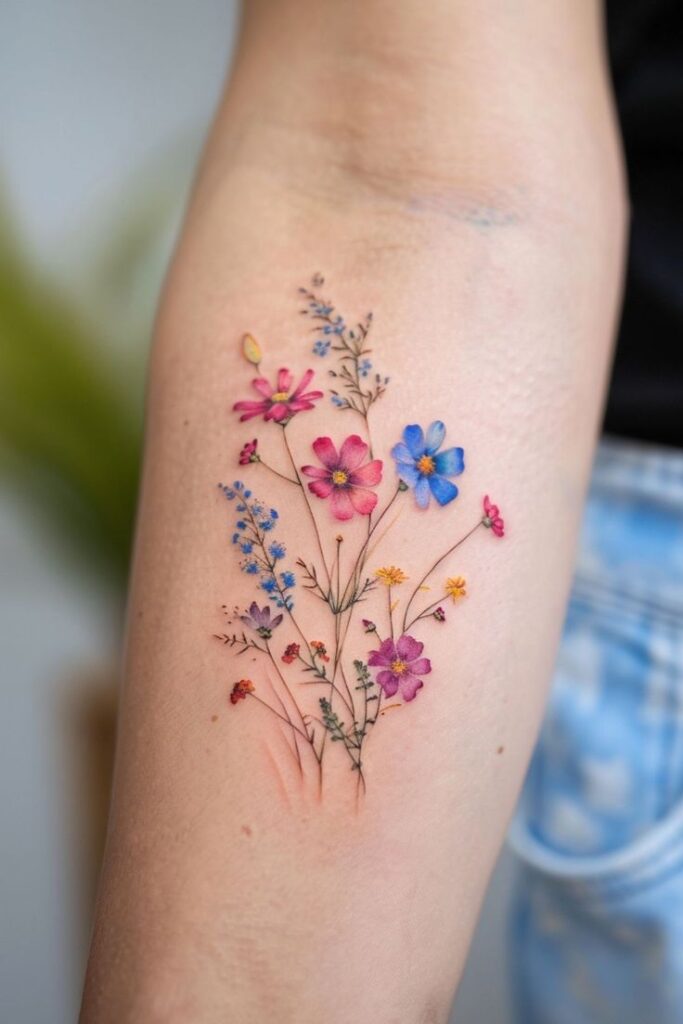 Delicate colorful wildflower tattoo on forearm, featuring pink, blue, and purple flowers in soft hues.