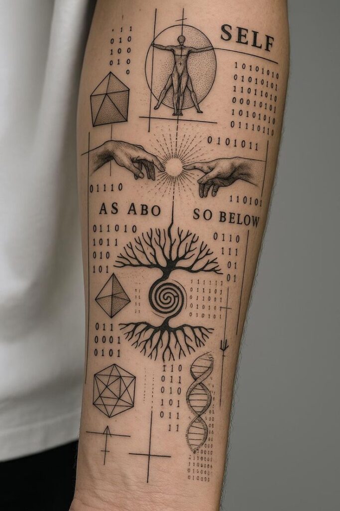Geometric tattoo with binary code, hands, atom, DNA, and As Above, So Below, blending science and spirituality.
