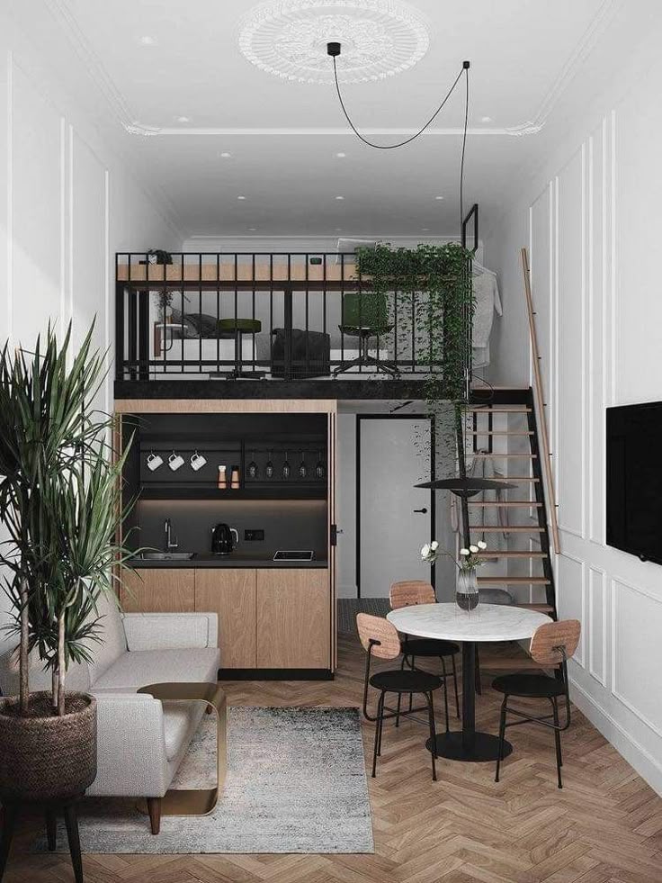 Modern loft apartment with stylish living area, kitchenette, and cozy mezzanine, featuring plants and elegant decor.