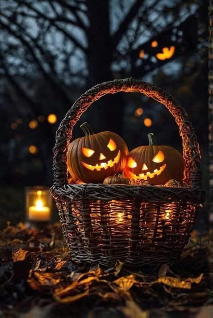 Basket of glowing jack-o'-lanterns on autumn leaves, with a candlelit Halloween night ambiance in the background.