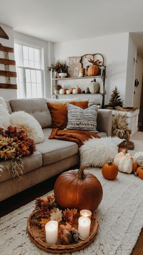 Cozy fall-themed living room with pumpkins, candles, and autumn decor on beige couch and shelves.