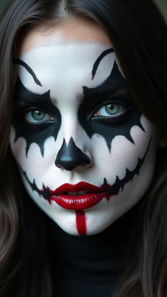 Close-up of a person with dramatic black and white clown makeup and red lips, intense eyes.