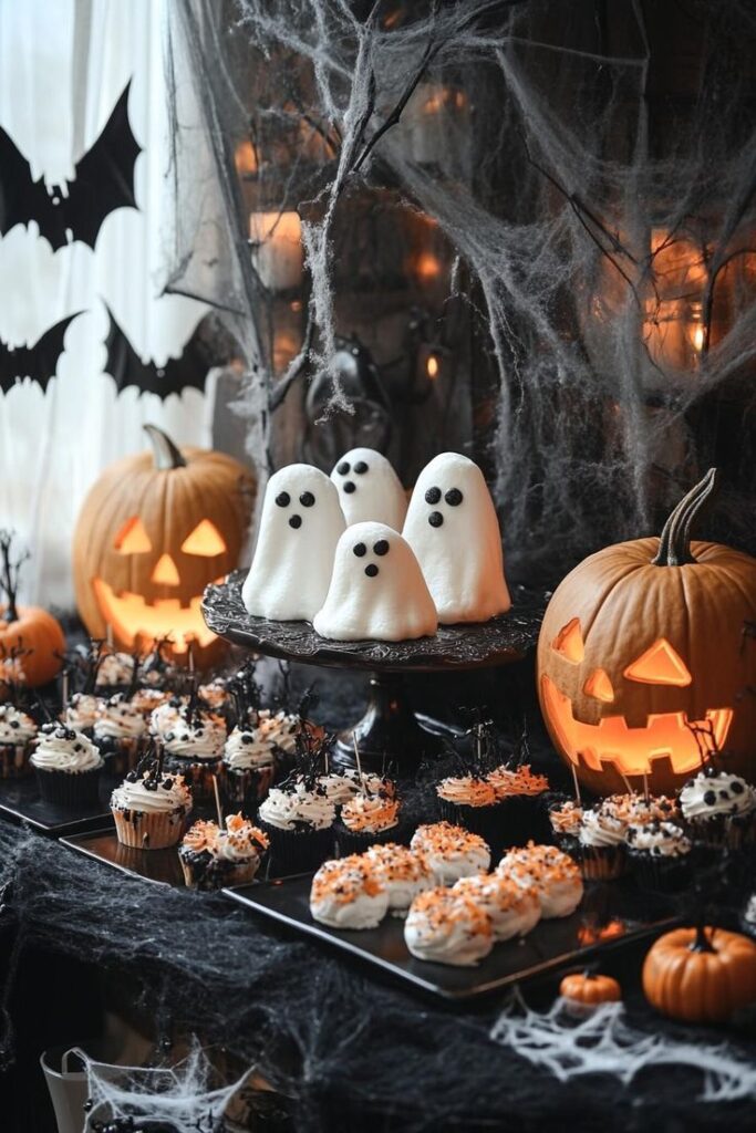 11 Themed Dessert Table Ideas for Parties and Holidays Spooky Halloween dessert table with ghost cupcakes, carved pumpkins, and cobwebs for festive decoration. | Sky Rye Design Spooky Halloween dessert table with ghost cupcakes, carved pumpkins, and cobwebs for festive decoration.