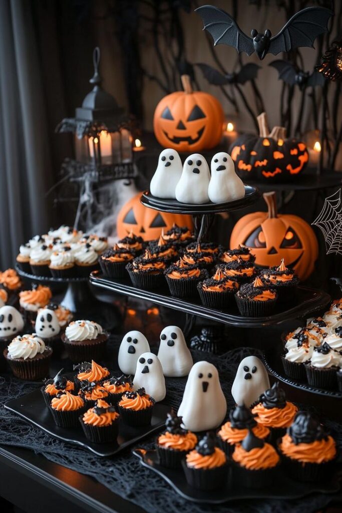 Halloween-themed cupcakes with ghost toppers and jack-o'-lanterns, perfect for spooky celebrations and parties.