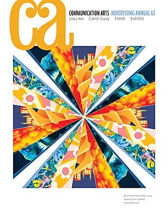 Colorful geometric pattern cover of Communication Arts Advertising Annual 63 with vibrant illustrations and design.