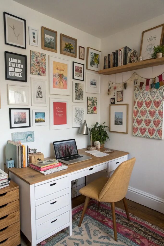 11b3c8f7-491f-4390-b1cc-444f0ea2c794 Cozy home office with gallery wall, wooden desk, laptop, books, and plants for a creative workspace atmosphere. | Sky Rye Design Cozy home office with gallery wall, wooden desk, laptop, books, and plants for a creative workspace atmosphere.