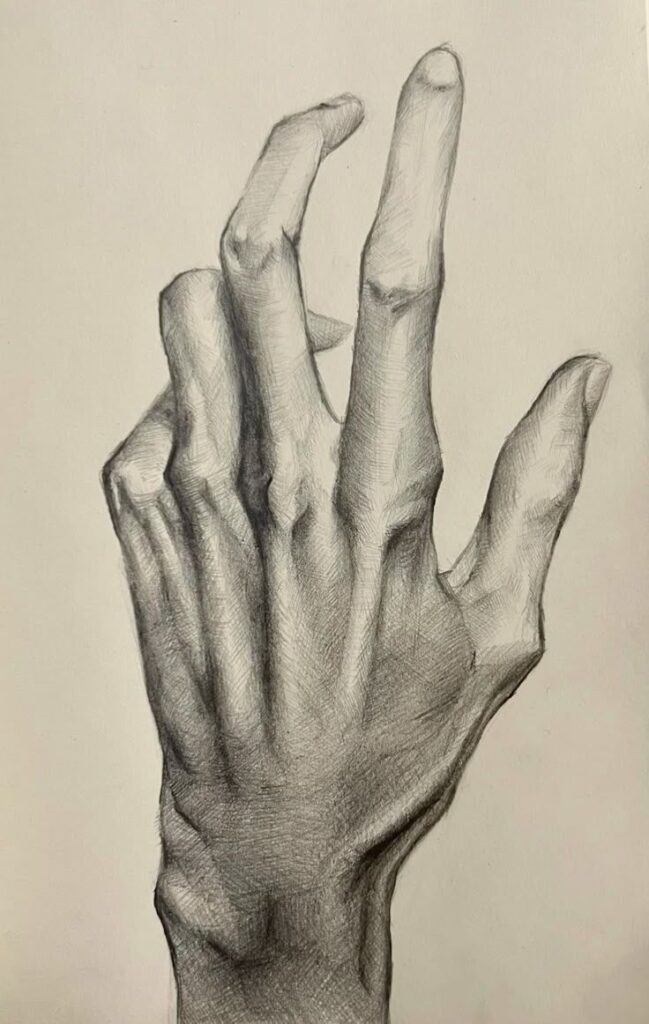Realistic pencil sketch of a hand with detailed shading and anatomy on beige paper background.