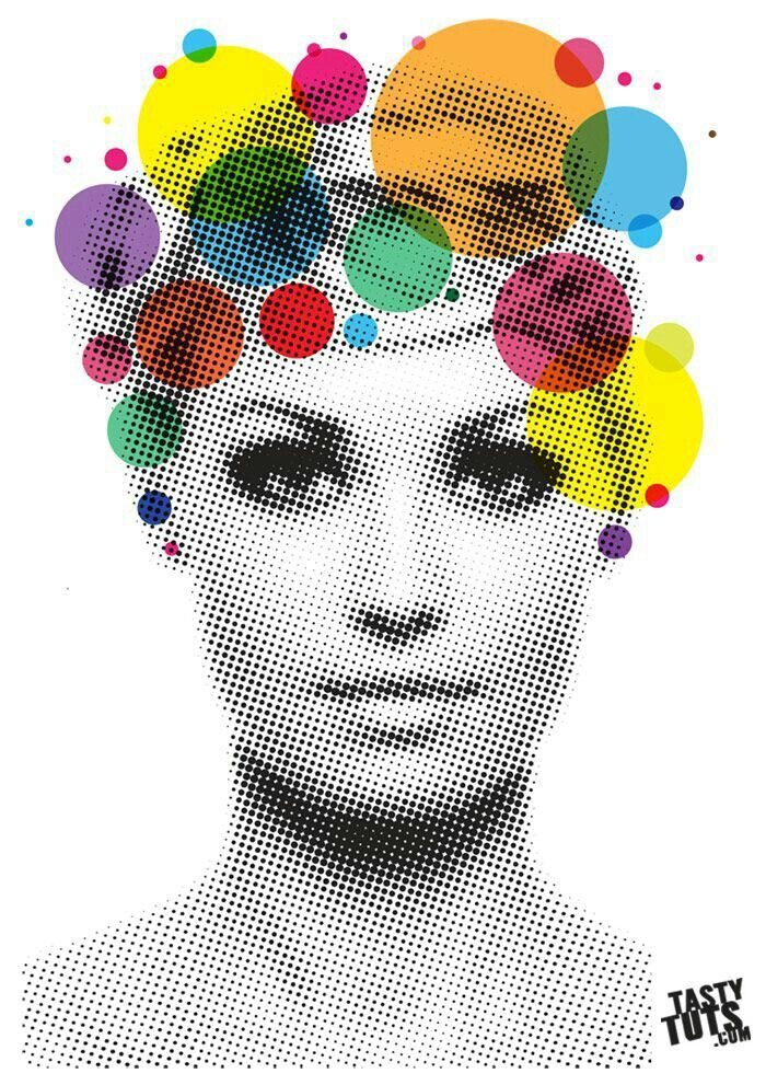 Halftone portrait with colorful abstract circles, merging art and design in a modern pop art style.