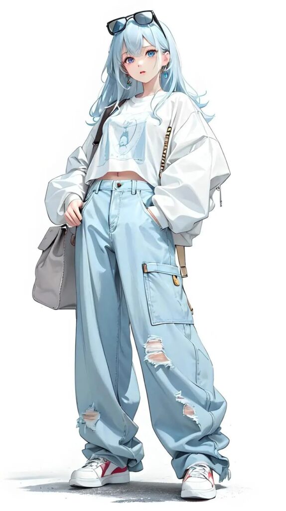 Trendy anime girl with blue hair, wearing a white crop top and ripped jeans, accessorized with sunglasses and sneakers.