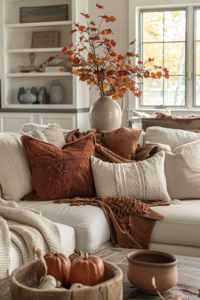 Cozy autumn living room with fall pillows, a beige sofa, and vibrant orange leaves in a vase.