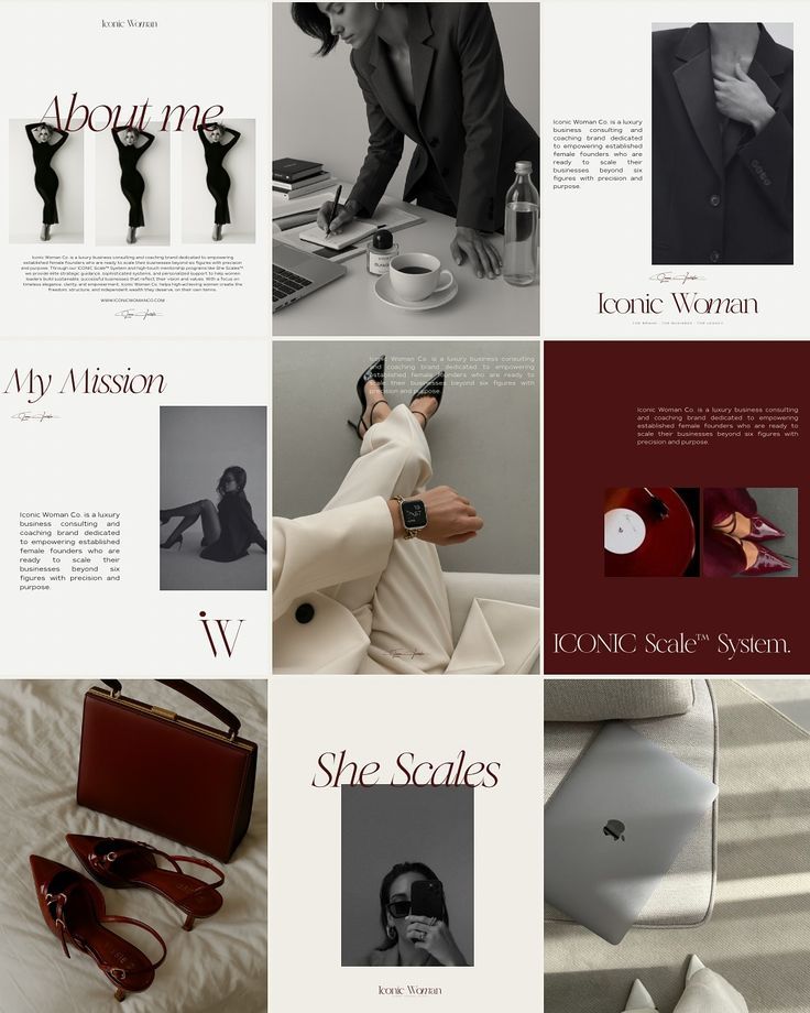 Collage of a stylish woman working, fashion items, and empowering business branding by Iconic Woman Co.