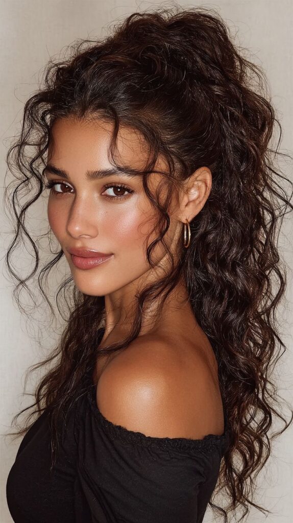 _ 12 Young woman with long curly hair and hoop earrings, wearing an off-shoulder black top, looking over her shoulder. | Sky Rye Design Young woman with long curly hair and hoop earrings, wearing an off-shoulder black top, looking over her shoulder.