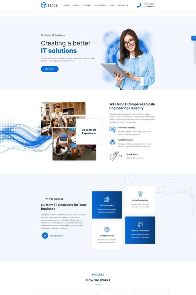 IT solutions webpage with smiling professional, highlighting services and benefits for engineering capacity scaling.