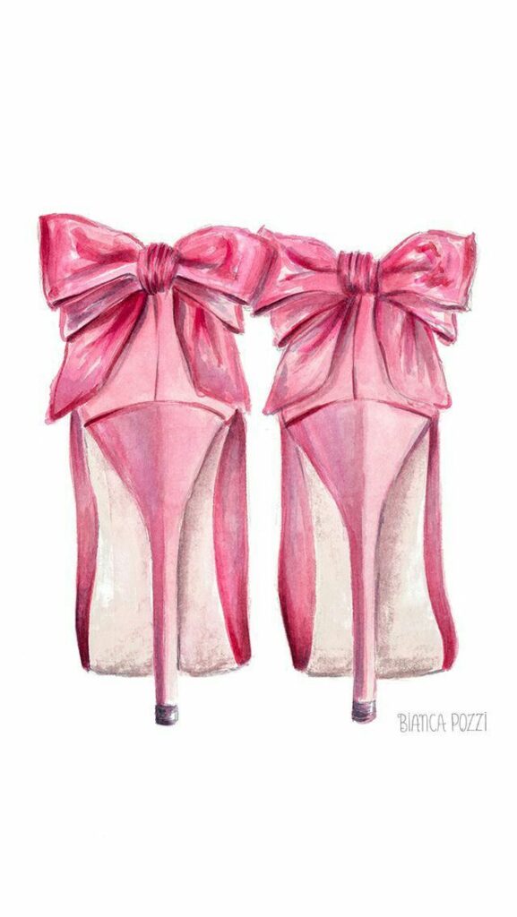 Illustration of pink high heels with bows, showcasing elegant feminine footwear design.