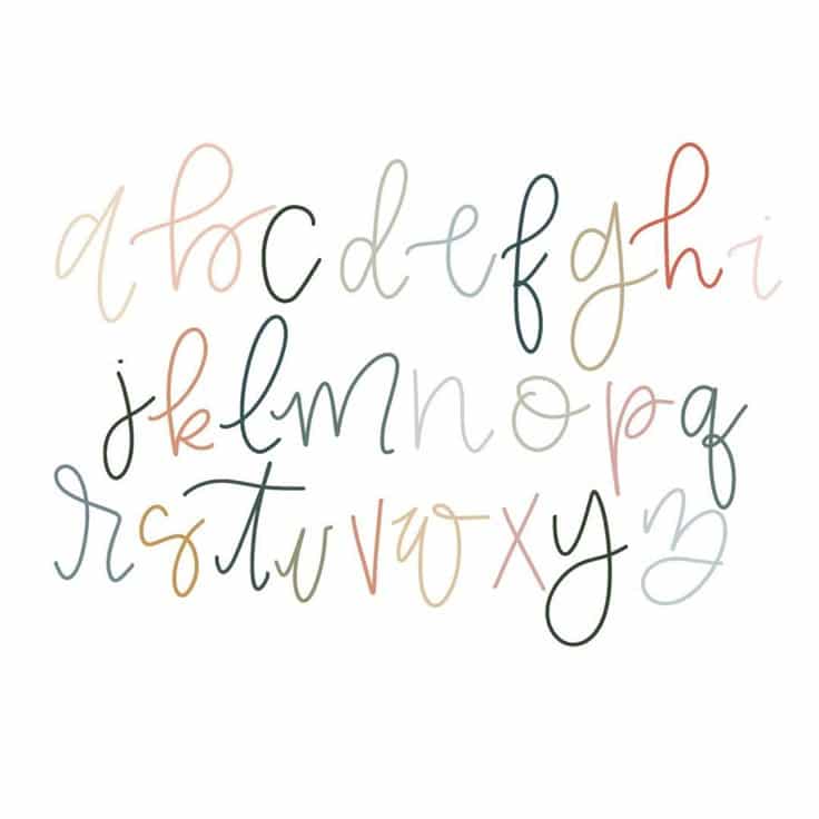 Stylized alphabet in pastel colors, showcasing artistic and elegant letter designs on a white background.