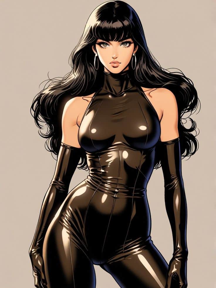 Stylish woman in sleek black latex outfit, long hair, and hoop earrings, exuding confidence and elegance.