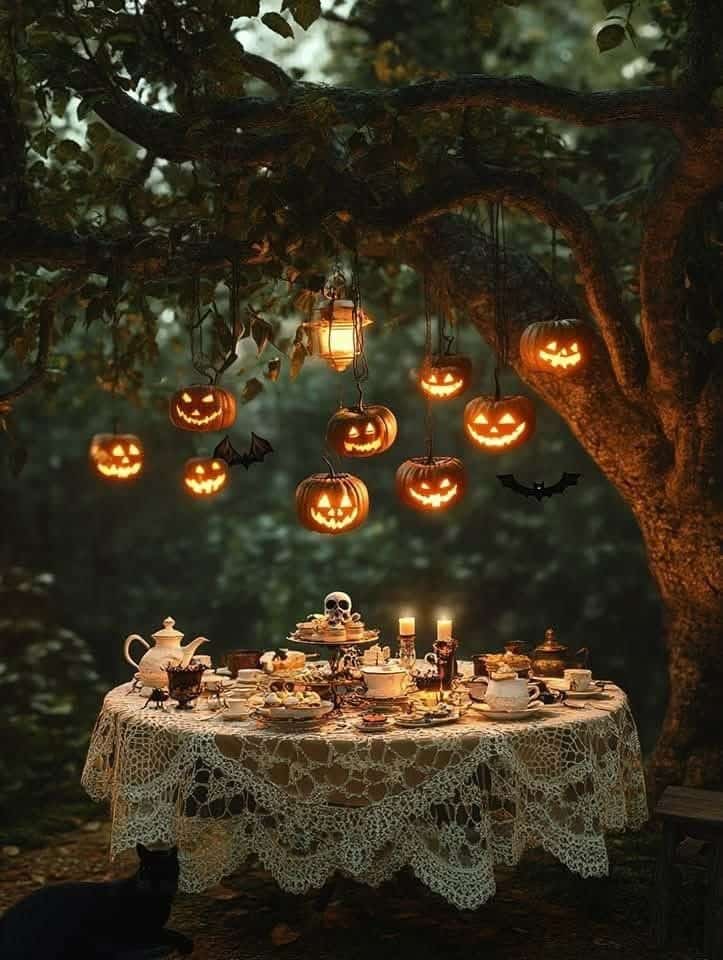 Enchanting Halloween tea party under glowing jack-o'-lanterns and candles, with tree setting and spooky decorations.