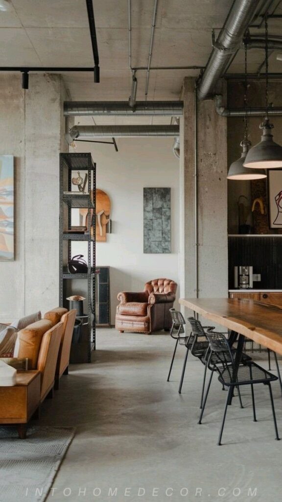 Industrial loft with leather chairs, metal shelves, and bar stools, blending rustic and modern decor elements.