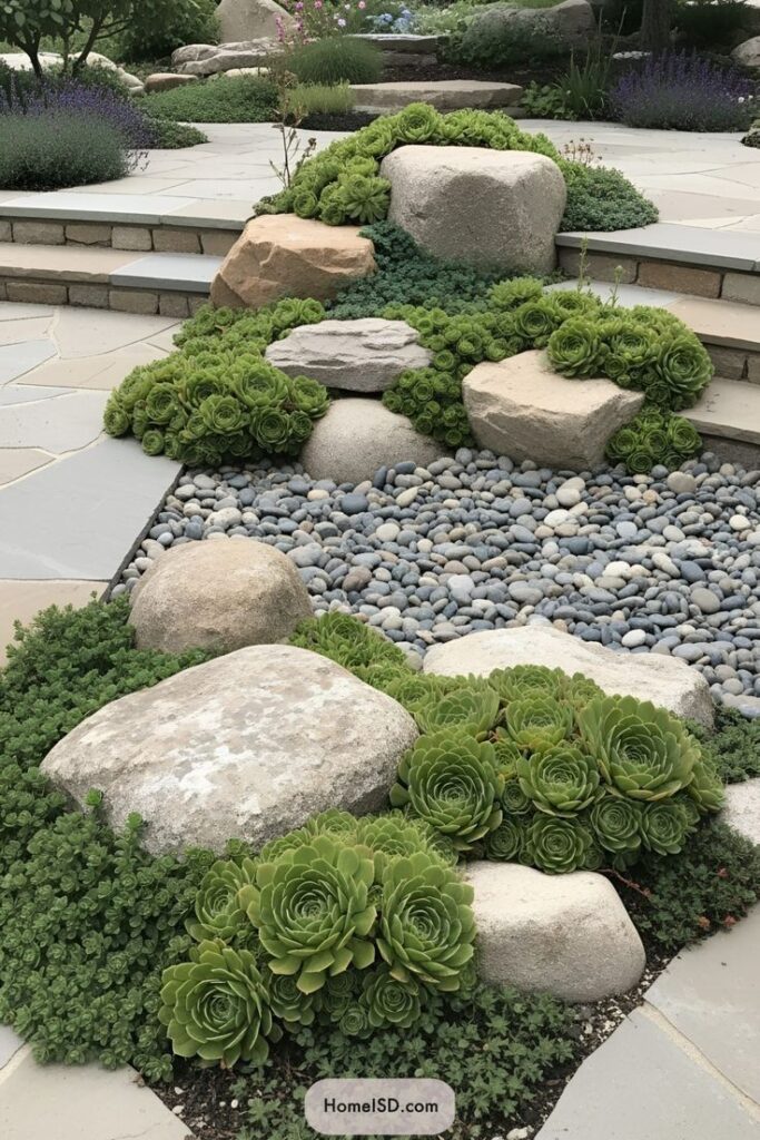 Succulent garden with rocks and pebbles in a landscaped backyard.