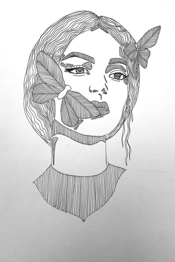 Line art of a woman's face with butterflies on her head, emphasizing surreal beauty and elegance.