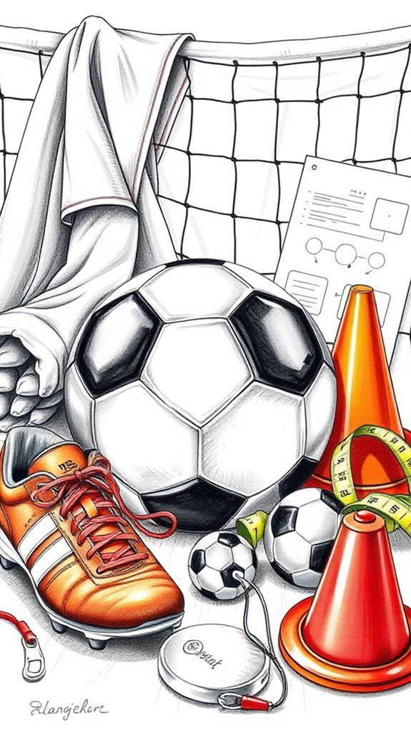Soccer gear with ball, shoes, jersey, cones, and net, perfect for training and practice sessions.