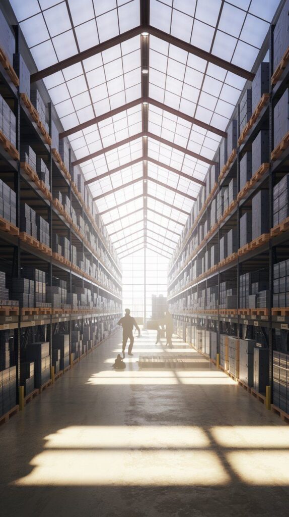 Sunlit warehouse aisle with tall shelves, crates stacked high; workers in silhouette managing inventory efficiently.