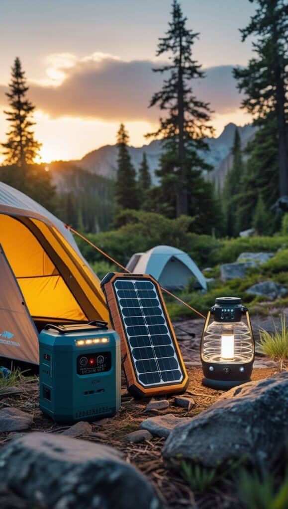 Solar-powered camping gear with tent at sunset in a forest setting. Sustainable outdoor adventure.