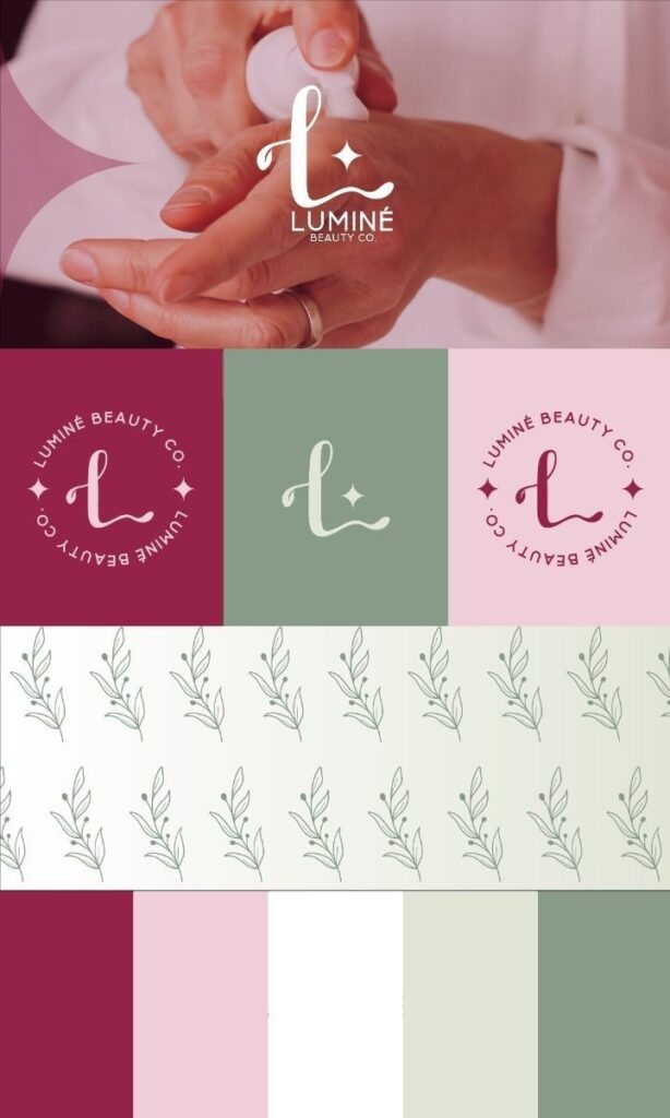 Hand applying lotion with Lumine Beauty Co. branding, floral patterns, and color swatches in pink and green.
