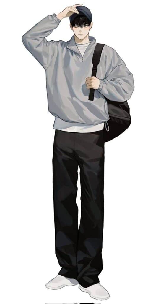 Anime character in casual attire, wearing a cap and bag, standing confidently.