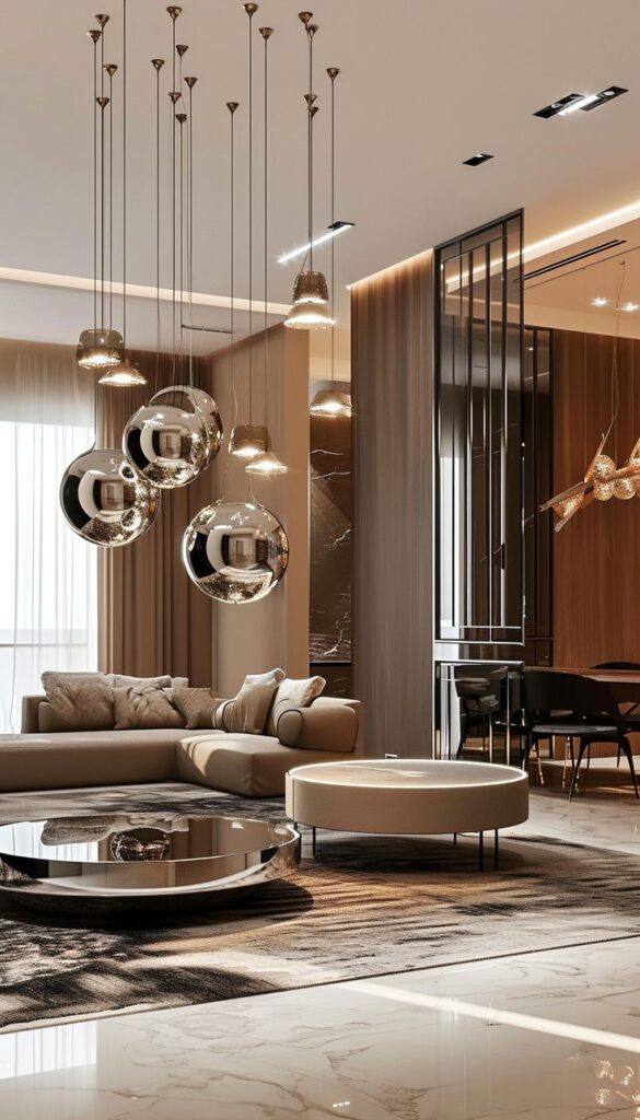Modern living room with elegant lighting, plush sofa, round coffee table, and chic decor in neutral tones.
