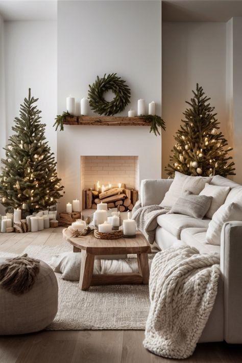 Cozy living room with Christmas decor, lit trees, and candles. Warm, festive ambiance for the holiday season.